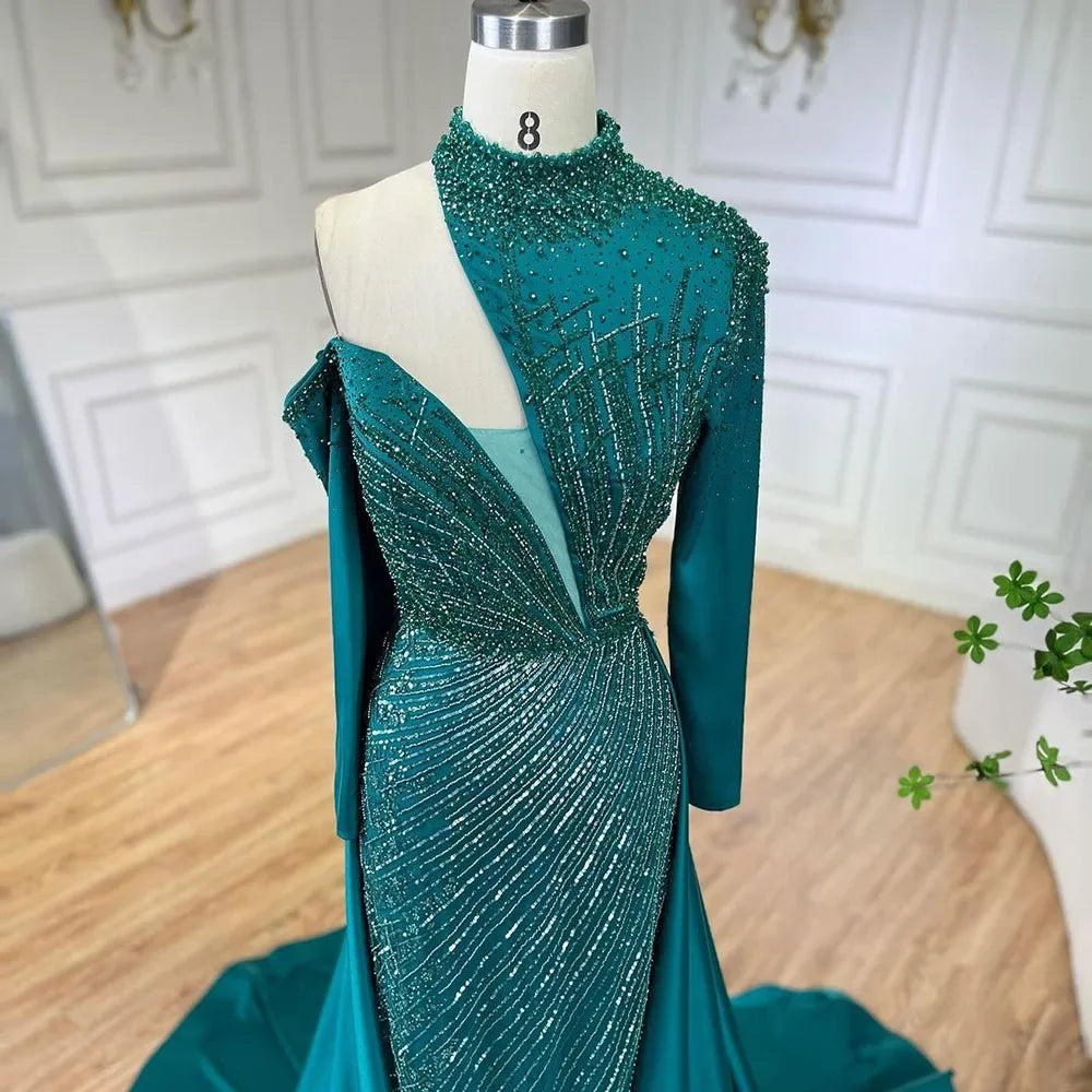 Vestidos de Noite e Fatos de Gala Elegantes para Mulheres, Ombro Único, Com Contas, Luxuosos, Estilo Sereia, Verde Árabe, Colina Serena, Para Casamento e Festa, LA72550