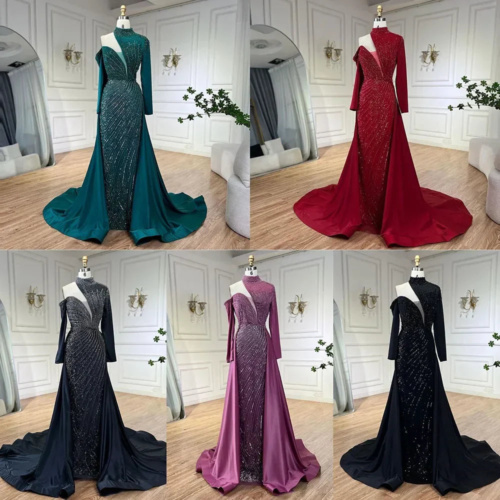 Vestidos de Noite e Fatos de Gala Elegantes para Mulheres, Ombro Único, Com Contas, Luxuosos, Estilo Sereia, Verde Árabe, Colina Serena, Para Casamento e Festa, LA72550