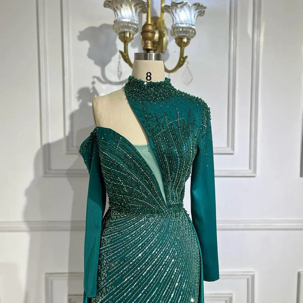 Vestidos de Noite e Fatos de Gala Elegantes para Mulheres, Ombro Único, Com Contas, Luxuosos, Estilo Sereia, Verde Árabe, Colina Serena, Para Casamento e Festa, LA72550
