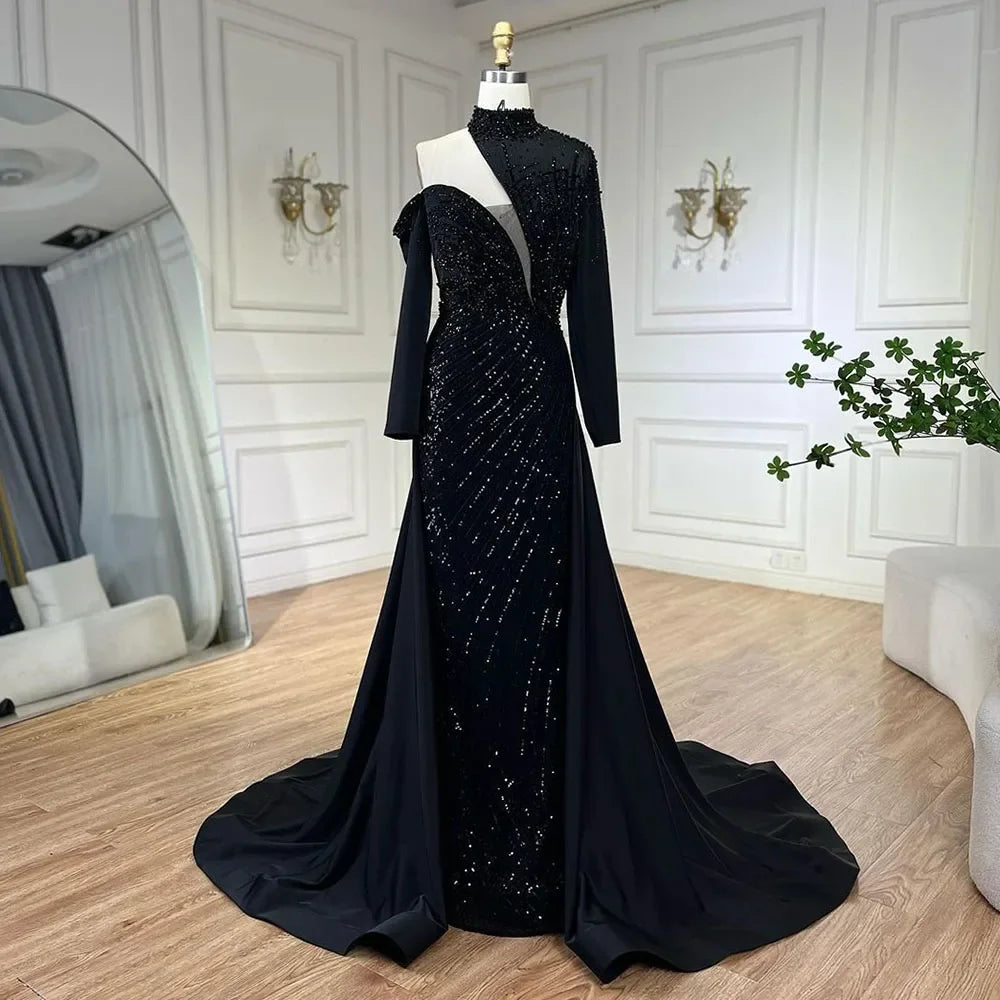 Vestidos de Noite e Fatos de Gala Elegantes para Mulheres, Ombro Único, Com Contas, Luxuosos, Estilo Sereia, Verde Árabe, Colina Serena, Para Casamento e Festa, LA72550