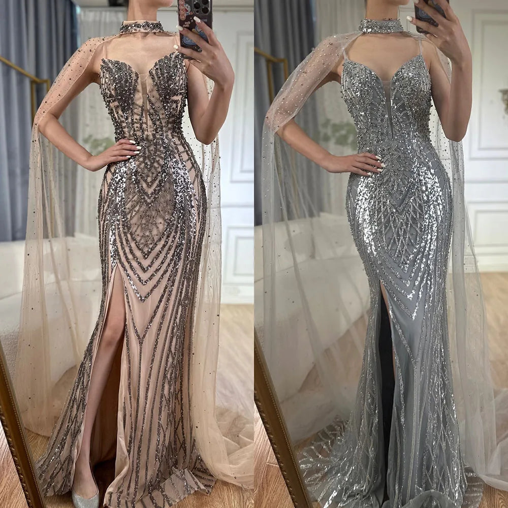 Abito da Sera con Lunghissimo Stola e Spalline Sottili a Spaghetti, Nero e Nudo, con Perline, per Occasioni Formali, Lusso Dubai  LA72795