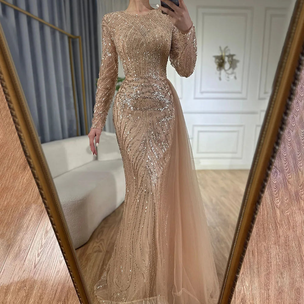 Abito da sera lungo arabo sirena con perline caramello e sopragonna di lusso Dubai per occasioni formali LA71673A