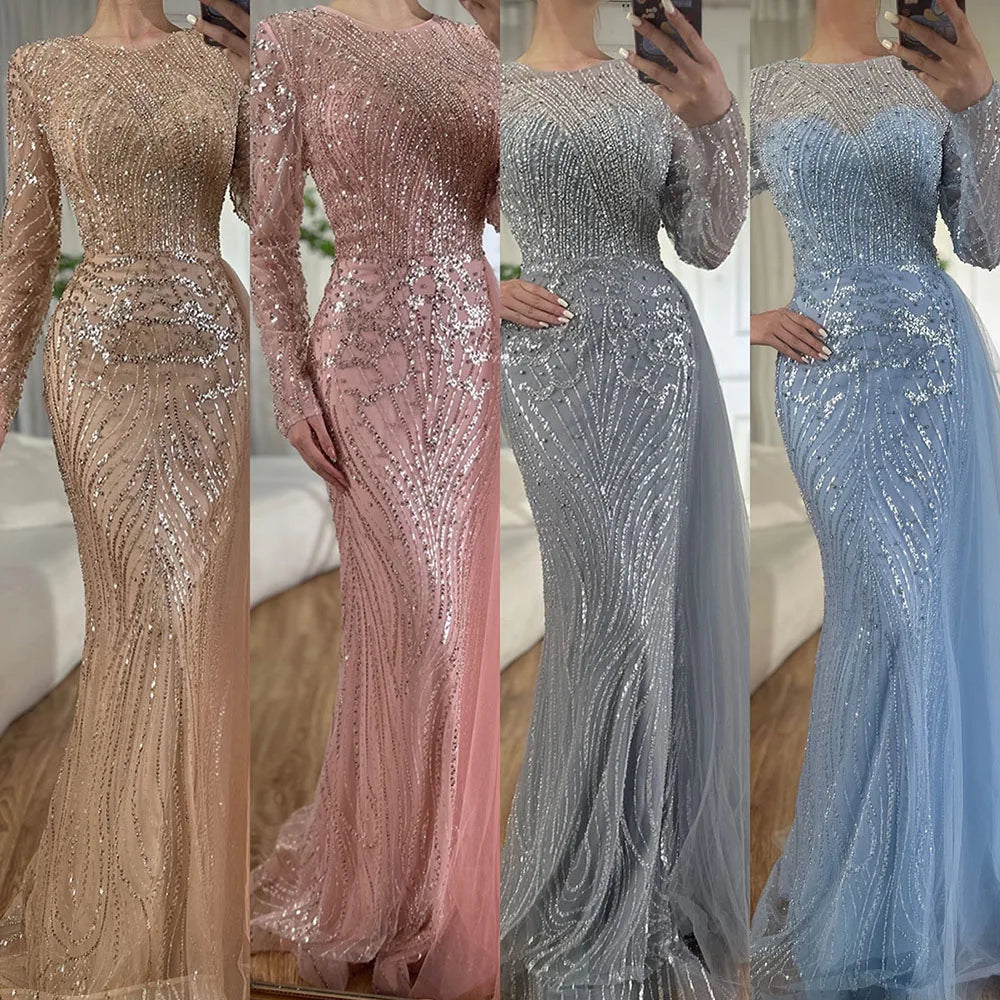 Abito da sera lungo arabo sirena con perline caramello e sopragonna di lusso Dubai per occasioni formali LA71673A