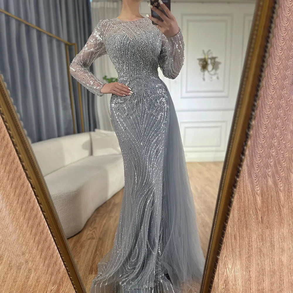 Abito da sera lungo arabo sirena con perline caramello e sopragonna di lusso Dubai per occasioni formali LA71673A