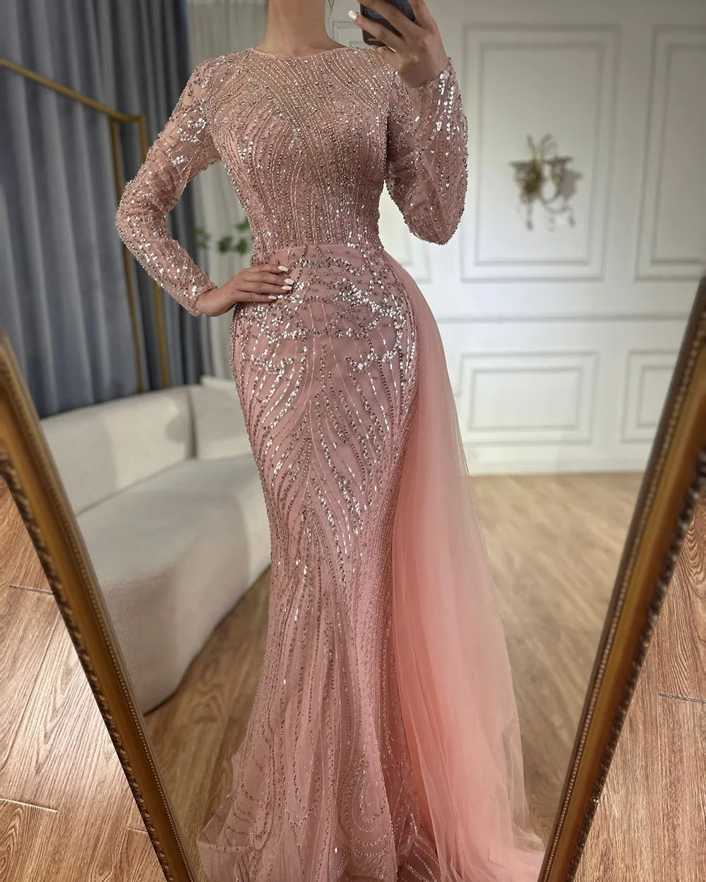 Abito da sera lungo arabo sirena con perline caramello e sopragonna di lusso Dubai per occasioni formali LA71673A