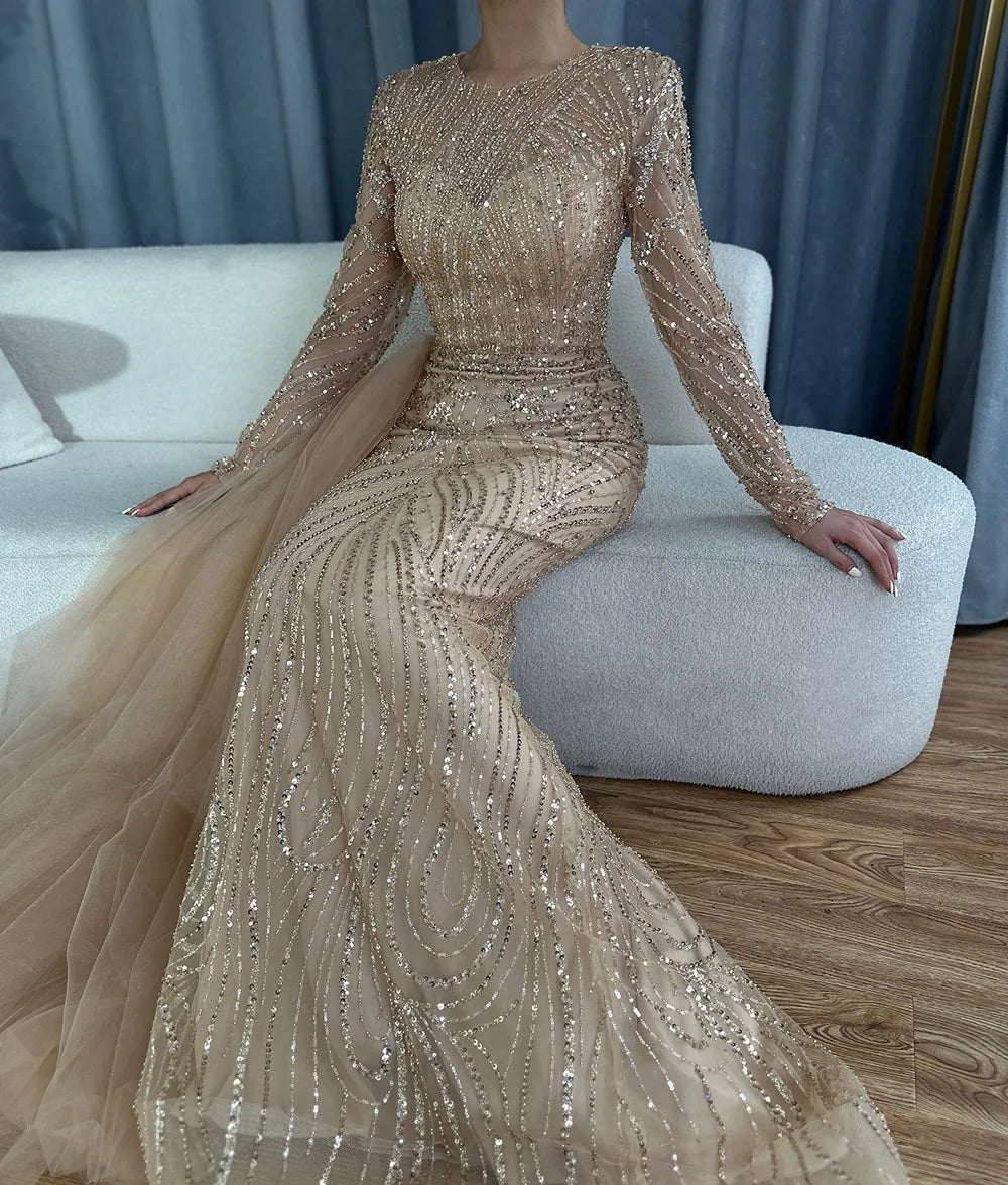 Abito da sera lungo arabo sirena con perline caramello e sopragonna di lusso Dubai per occasioni formali LA71673A