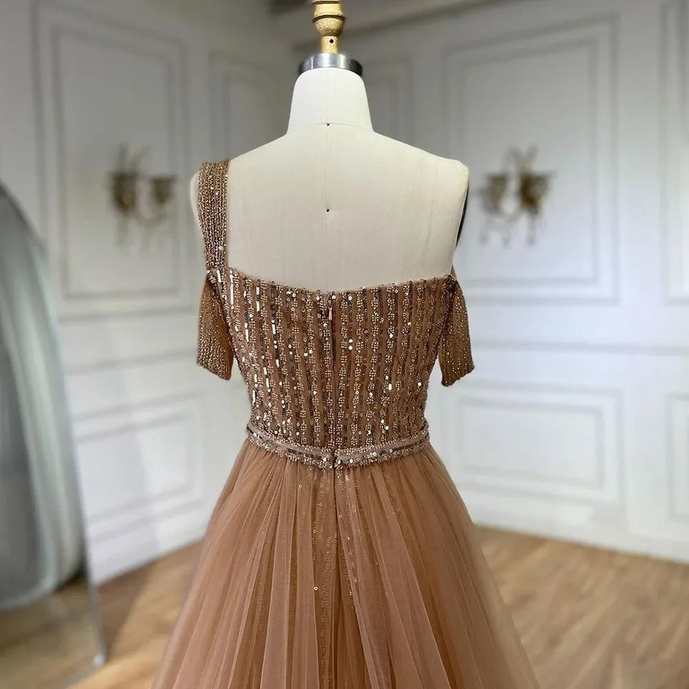 Serene Hill Gold Mermaid Elegant One Shoulder Overskirt Beaded Luxury Evening Dresses Gowns 2025 For Women Wedding Party LA72453