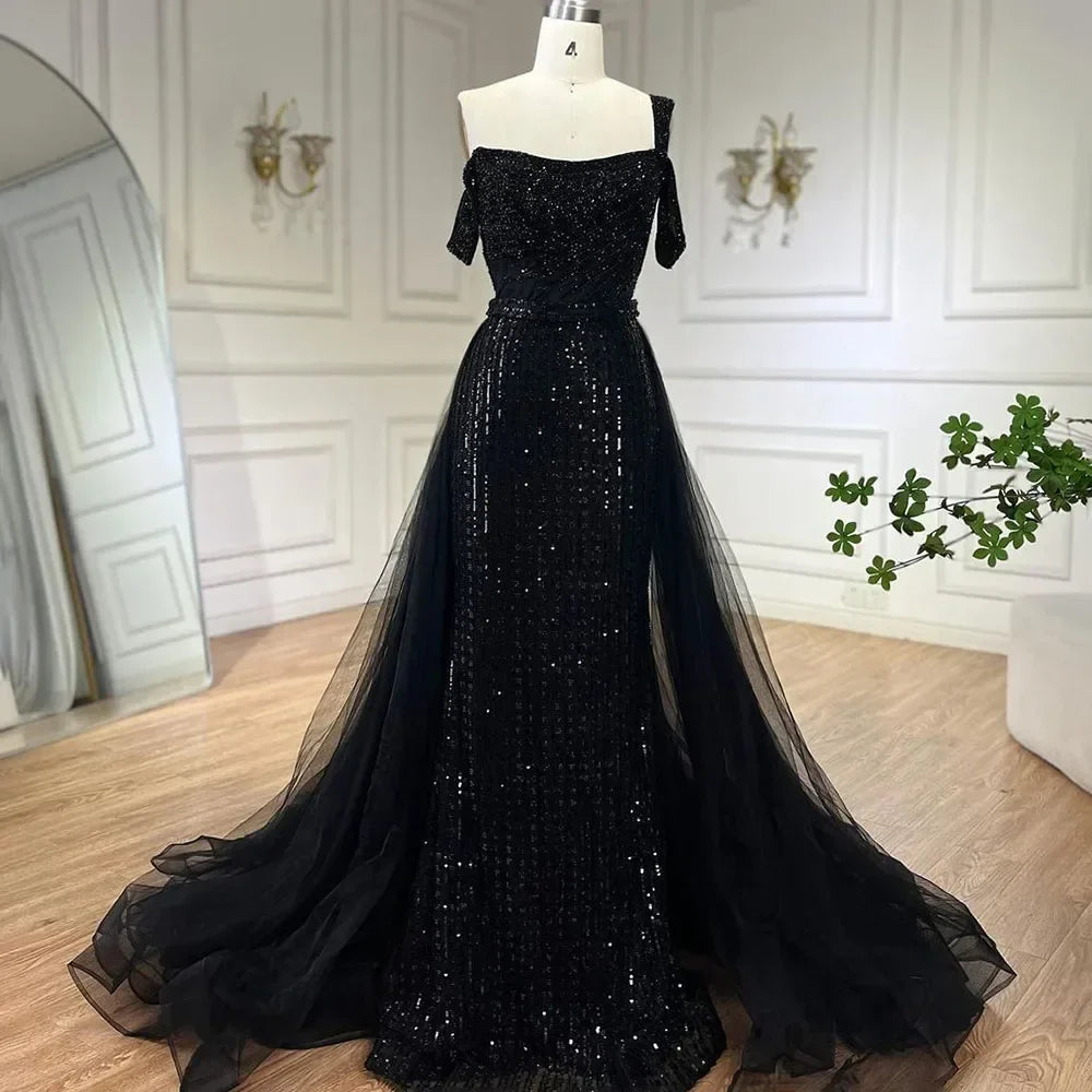 Vestido de Noite de Luxo Serene Hill Gold Mermaid Elegante Com Ombro a Descoberto e Sobresaia Com Contas 2025 Para Mulheres Casamento Festa LA72453