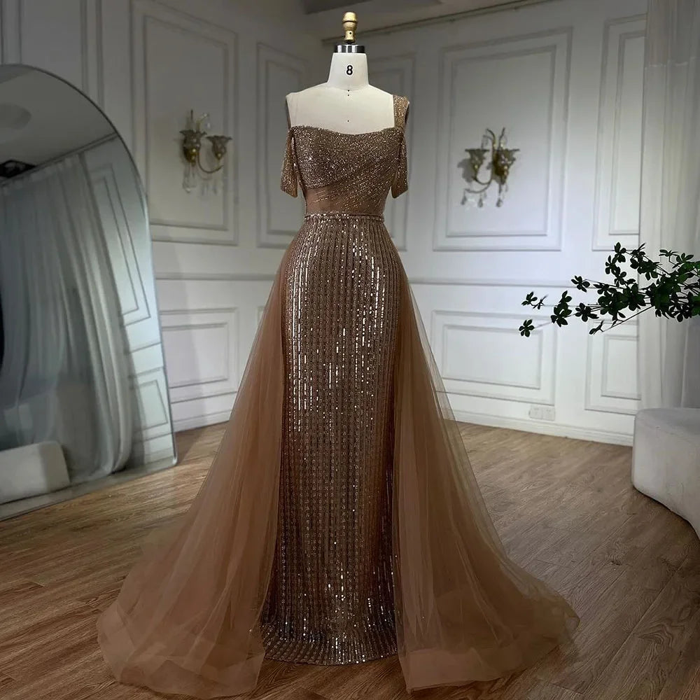 Vestido de Noite de Luxo Serene Hill Gold Mermaid Elegante Com Ombro a Descoberto e Sobresaia Com Contas 2025 Para Mulheres Casamento Festa LA72453