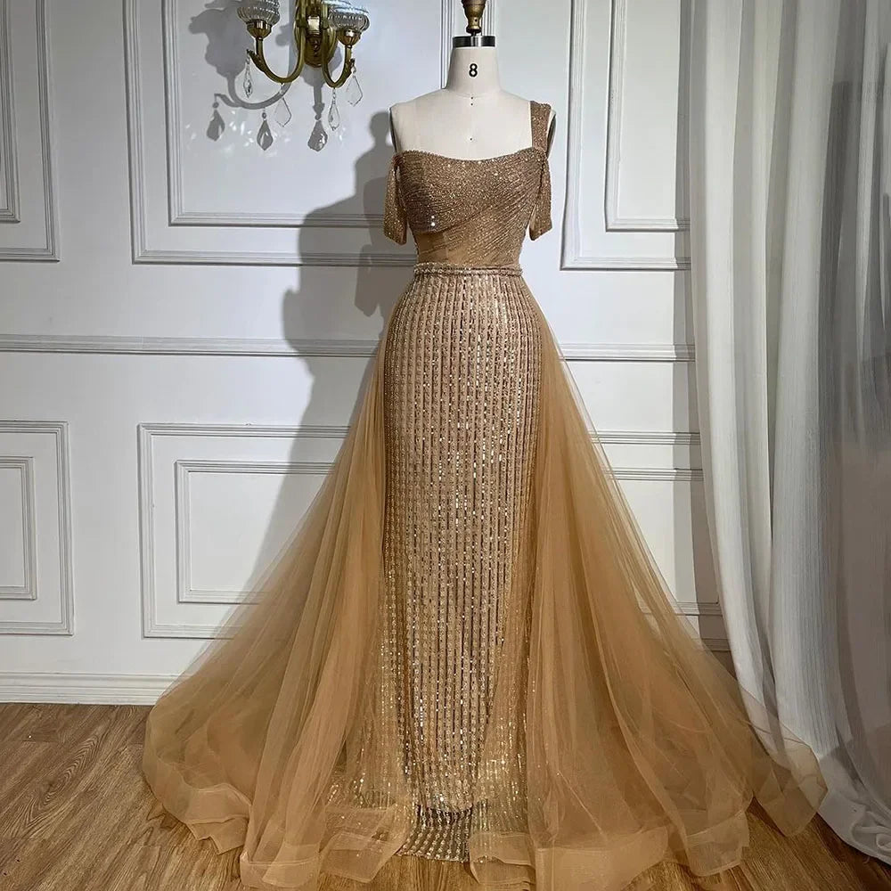 Vestido de Noite de Luxo Serene Hill Gold Mermaid Elegante Com Ombro a Descoberto e Sobresaia Com Contas 2025 Para Mulheres Casamento Festa LA72453