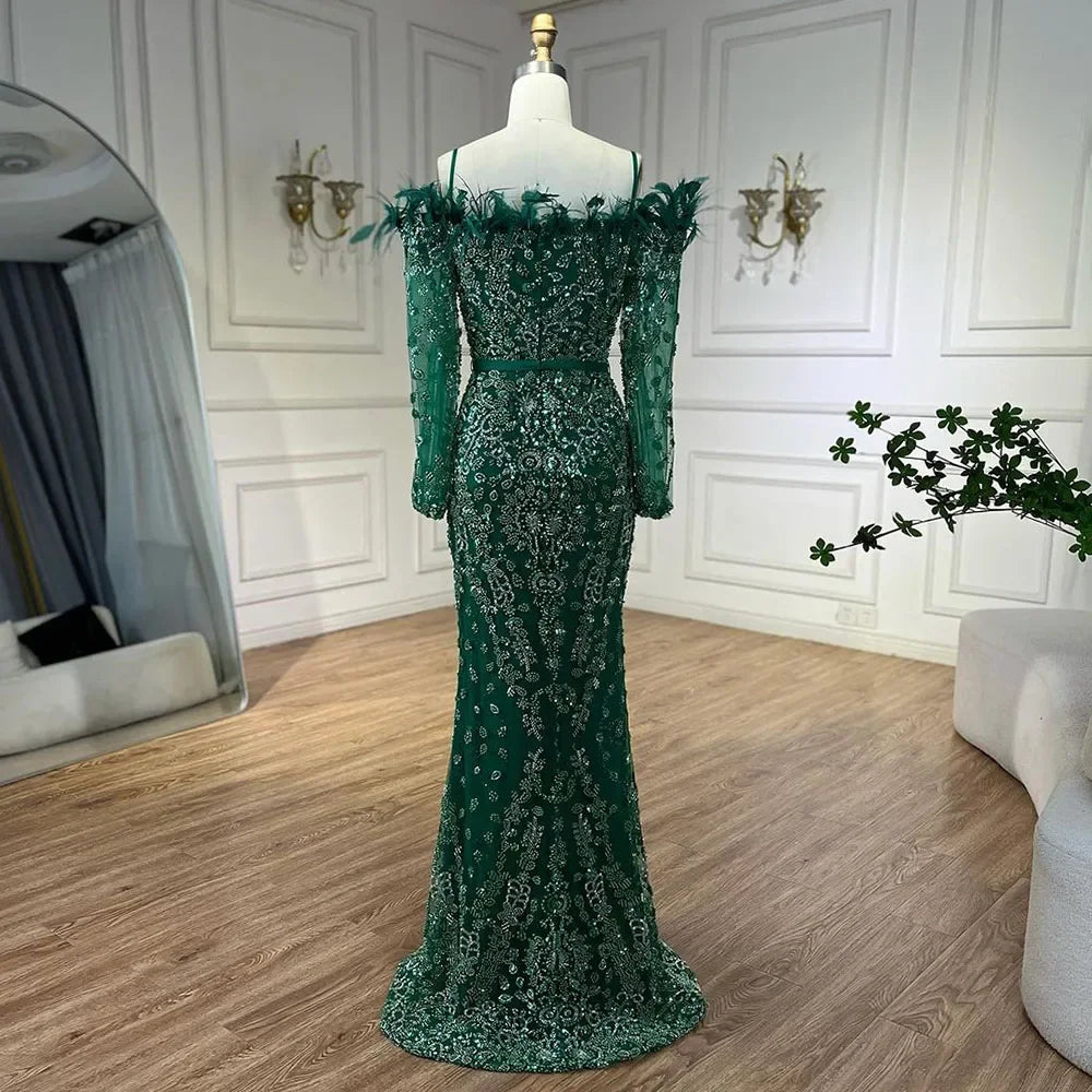 Abito da Sera di Lusso Dubai Verde Maniche Lunghe Piume Perline LA72553