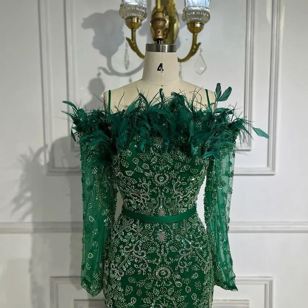Abito da Sera di Lusso Dubai Verde Maniche Lunghe Piume Perline LA72553