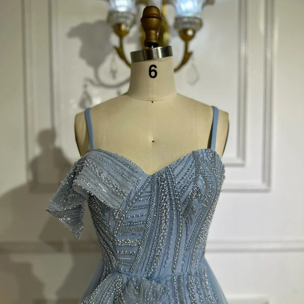 Abito da sera sirena di lusso Dubai con gonna  Celeste con perline e spalline sottili per occasioni formali  LA72341A