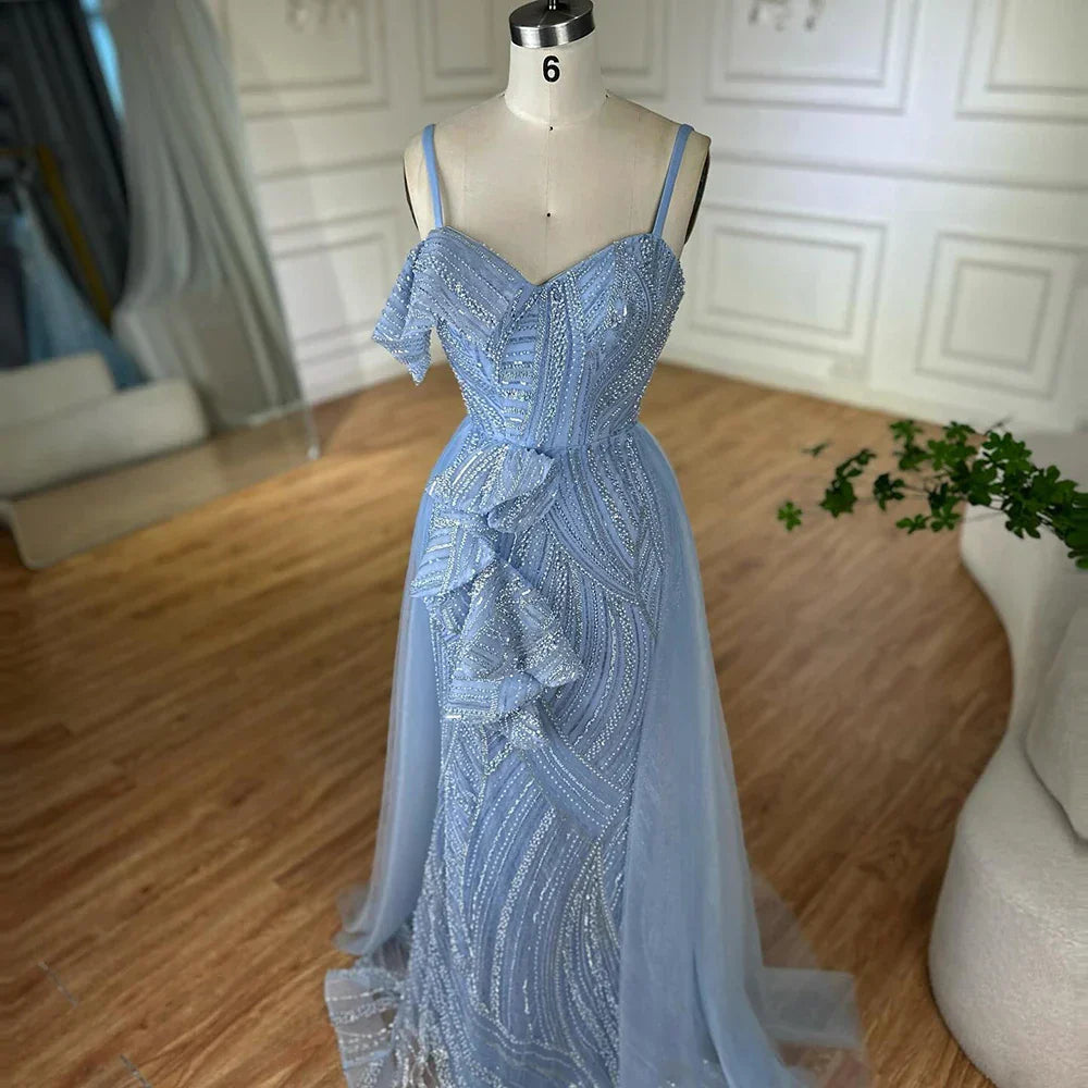 Abito da sera sirena di lusso Dubai con gonna  Celeste con perline e spalline sottili per occasioni formali  LA72341A
