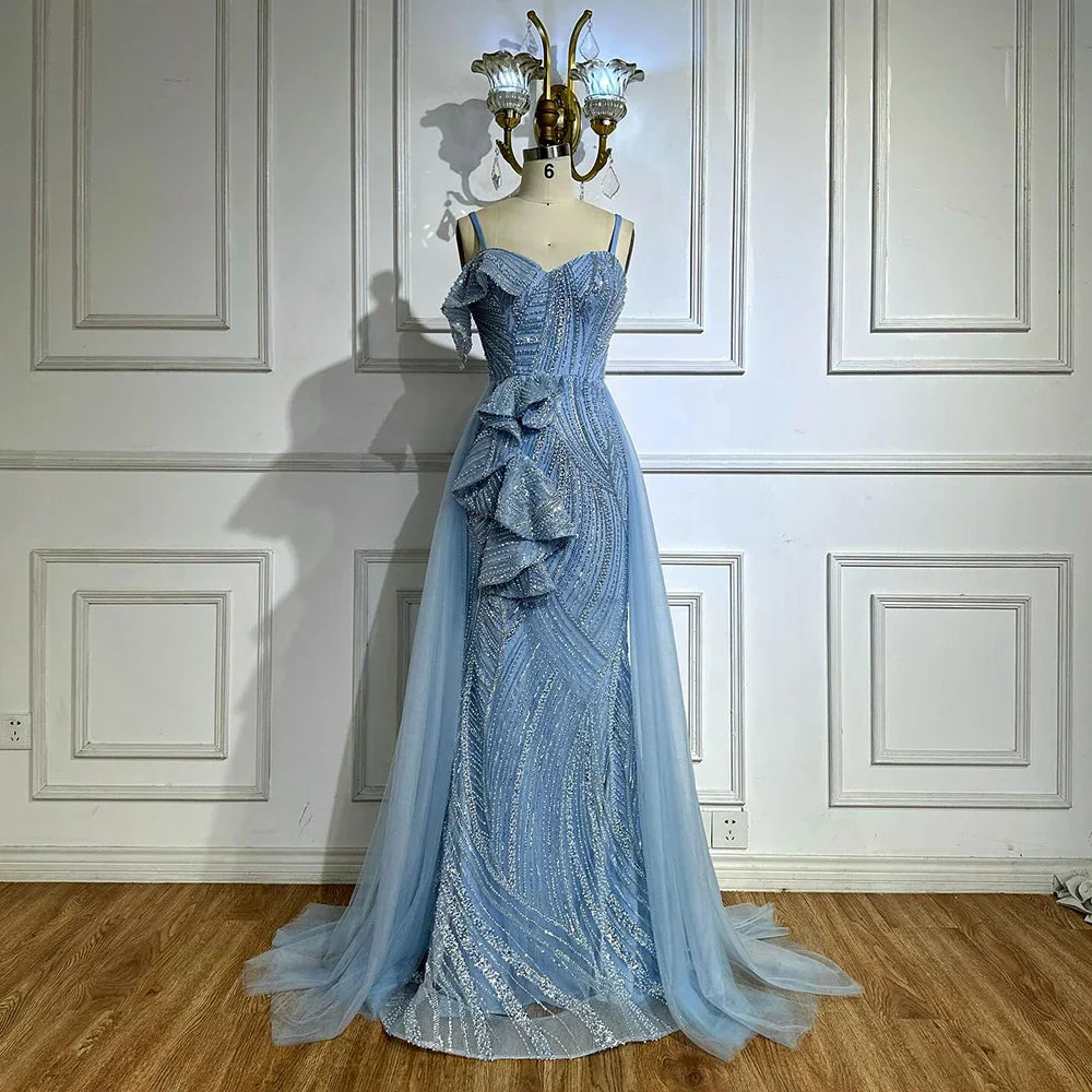 Abito da sera sirena di lusso Dubai con gonna  Celeste con perline e spalline sottili per occasioni formali  LA72341A