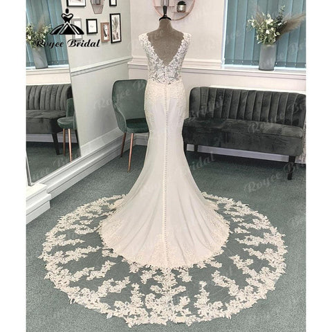 Sexy Backless Tiefer V-Ausschnitt Meerjungfrau/Trompete Brautkleid für Frauen 2024 Brautkleid Flügelärmeln vestido branco sereia 