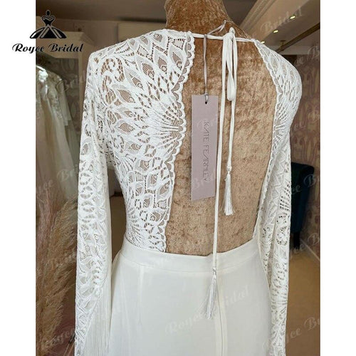 Abiti da Sposa Sensuali Bohemien Sirena 2025 Vestito Civile Satin Frangia Manica Lunga Corpetto Pizzo Boho Sposa Schiena Scoperta