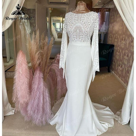 Sexy Bohemian Mermaid Brautkleider 2025 Robe Civil Satin Quaste Langarm Braut Boho Spitze Mieder Brautkleider Open Back 