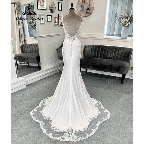 Sexy Boho Zivil Meerjungfrau Spitze V-Ausschnitt Crepe Brautkleid 2024 Spaghettiträger Empfangskleider für die Braut Kleid Robe de Soirée 