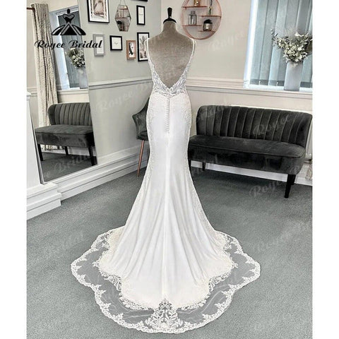 Sexy Boho Zivil Meerjungfrau Spitze V-Ausschnitt Crepe Brautkleid 2024 Spaghettiträger Empfangskleider für die Braut Kleid Robe de Soirée 