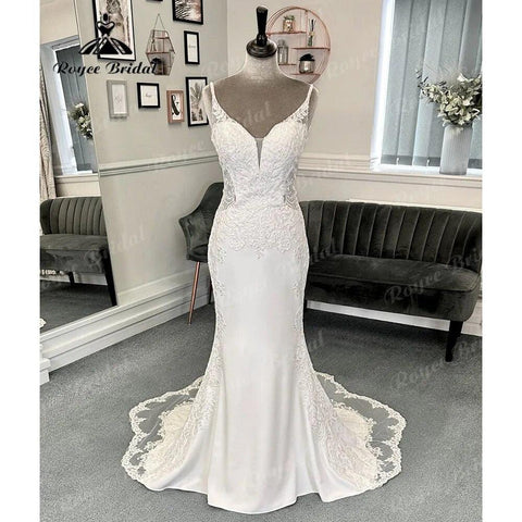 Sexy Boho Zivil Meerjungfrau Spitze V-Ausschnitt Crepe Brautkleid 2024 Spaghettiträger Empfangskleider für die Braut Kleid Robe de Soirée 