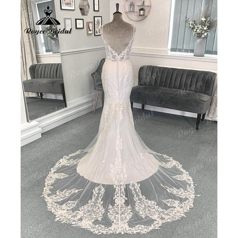 Sexy Boho Spitze Applique Meerjungfrau Rückenfreies Brautkleid für die Braut 2024 Spaghetti-Trägern Brautkleid für Frauen robe mariée sirene 