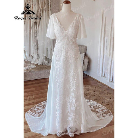 Sexy Boho V-Ausschnitt Spitze Kurzarm Chiffon Bohemian Beach Frauen Hochzeitskleid 2025 Brautkleider Vestido de Novia Playa Backless