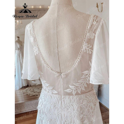 Sexy Boho V-Ausschnitt Spitze Kurzarm Chiffon Bohemian Beach Frauen Hochzeitskleid 2025 Brautkleider Vestido de Novia Playa Backless