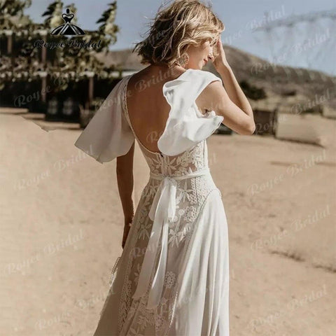 Sexy Boho V-Ausschnitt Spitze Kurzarm Chiffon Bohemian Beach Frauen Hochzeitskleid 2025 Brautkleider Vestido de Novia Playa Backless