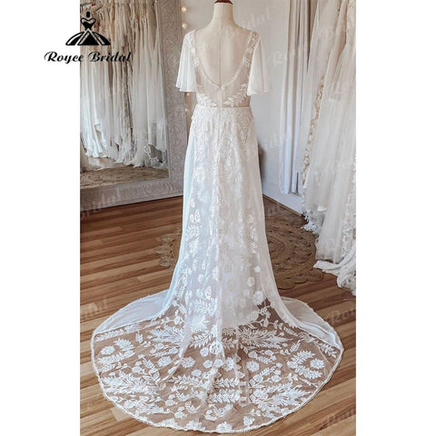 Sexy Boho V-Ausschnitt Spitze Kurzarm Chiffon Bohemian Beach Frauen Hochzeitskleid 2025 Brautkleider Vestido de Novia Playa Backless