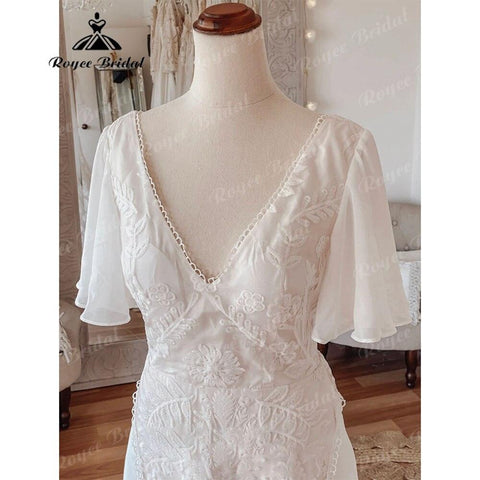 Sexy Boho V-Ausschnitt Spitze Kurzarm Chiffon Bohemian Beach Frauen Hochzeitskleid 2025 Brautkleider Vestido de Novia Playa Backless