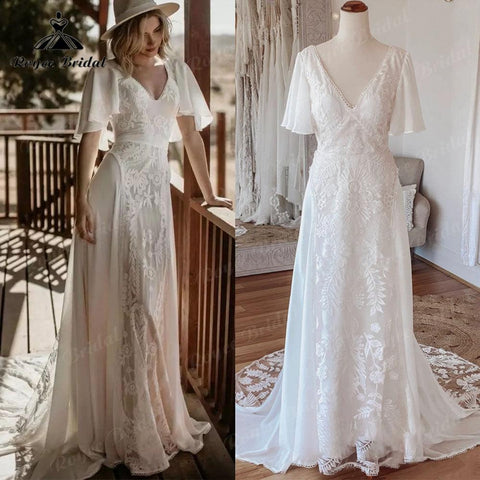 Sexy Boho V-Ausschnitt Spitze Kurzarm Chiffon Bohemian Beach Frauen Hochzeitskleid 2025 Brautkleider Vestido de Novia Playa Backless