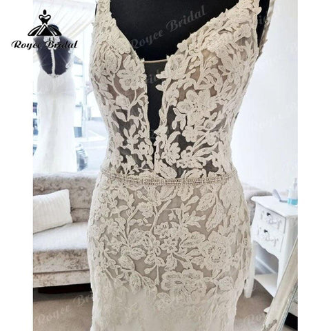 NumberSea Sexy Tiefem V-ausschnitt Spitze Appliques Backless Meerjungfrau/Trompete Hochzeit Kleid Sweep Zug 2025 Robe Zivil Hochzeit Kleider Vestidos Longos 