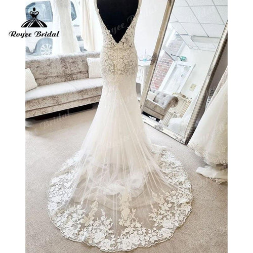 Vestido de novia civil 2025 NumberSea con escote profundo en V sexy, aplicaciones de encaje, espalda descubierta, estilo sirena/trompeta y cola barrida