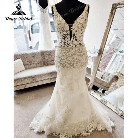 NumberSea Sexy Tiefem V-ausschnitt Spitze Appliques Backless Meerjungfrau/Trompete Hochzeit Kleid Sweep Zug 2025 Robe Zivil Hochzeit Kleider Vestidos Longos 