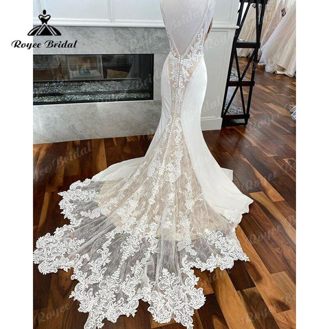 NumberSea Sexy Tiefem V-ausschnitt Spitze Meerjungfrau/Trompete Brautkleid Gericht Schleppe Appliques 2025 Spaghetti-trägern Vestidos De Novia Open zurück 