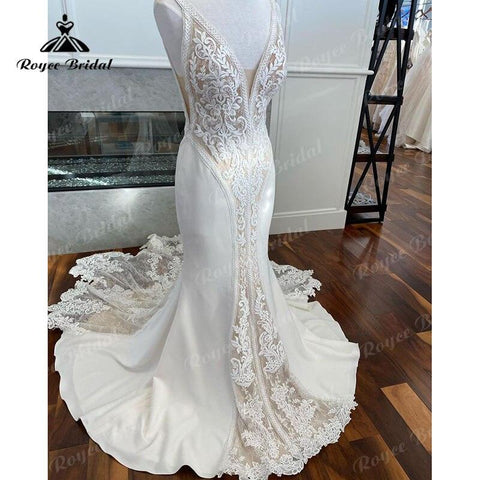 NumberSea Sexy Tiefem V-ausschnitt Spitze Meerjungfrau/Trompete Brautkleid Gericht Schleppe Appliques 2025 Spaghetti-trägern Vestidos De Novia Open zurück 