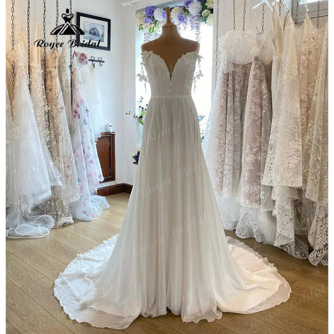 Sexy Spitze Strand Chiffon V-ausschnitt Off Schulter Hochzeit Kleid für Frauen 2024 Robe Boho Boheme Brautkleid robe de soirée de mariage 