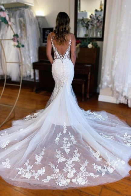 Sexy langes Meerjungfrau-V-Ausschnitt ärmelloses Spitzen-Brautkleid mit Schleppe