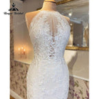 NumberSea Sexy Mermaid Halter Wedding Dress Open Back Lace Appliqued Tulle Trumpet Bridal Gowns Wedding Gowns vestido de boda corte sirena