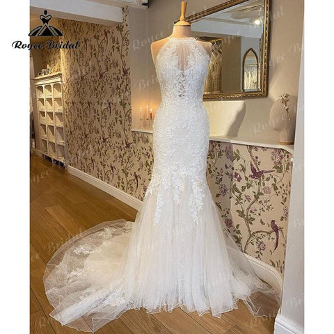 NumberSea Sexy Meerjungfrau Halfter Brautkleid Open Back Spitze Appliqued Tüll Trompete Brautkleider Brautkleider vestido de boda corte sirena 