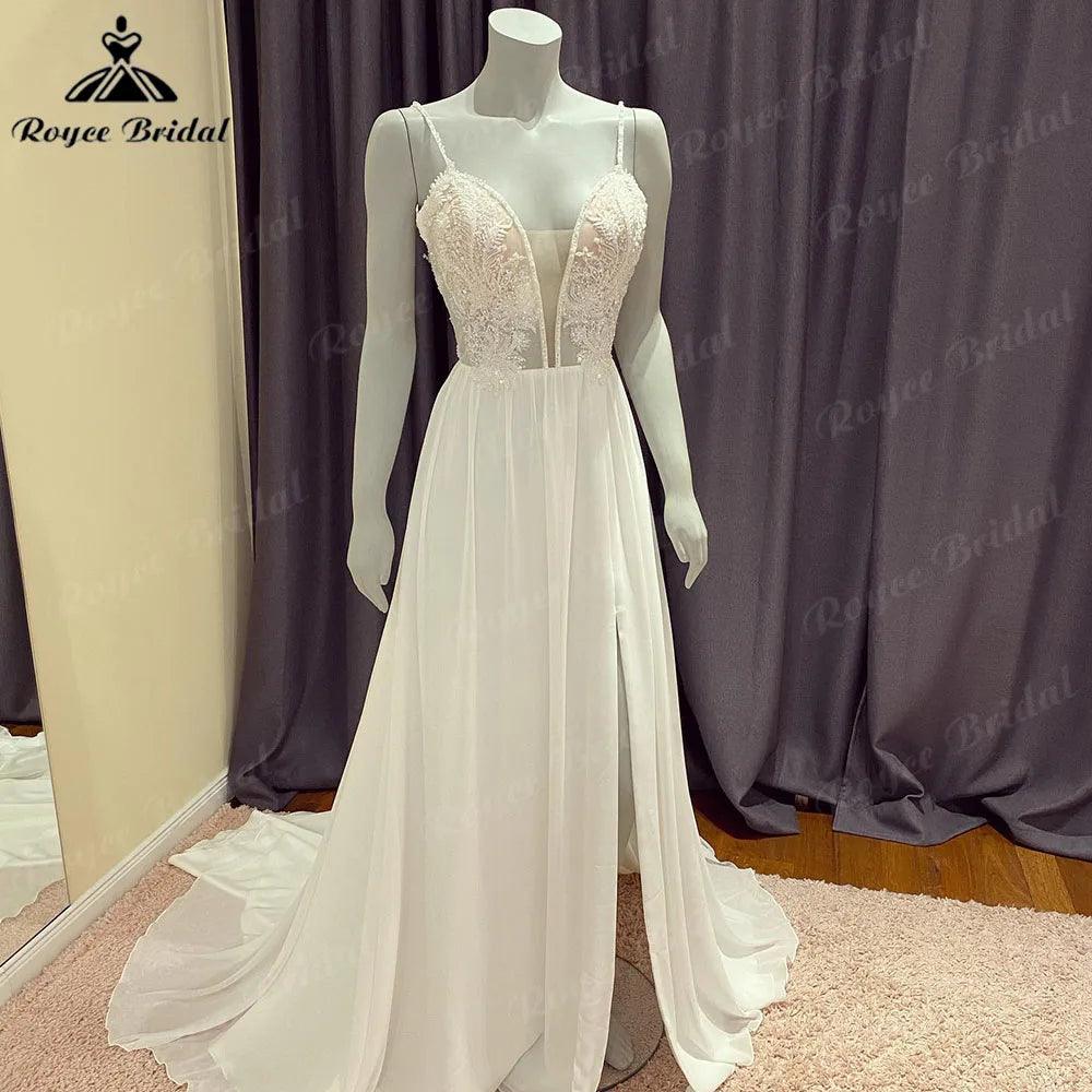NumberSea Sexy Plunging Split Side Deep V Neck Lace Boheme Boho Chic Wedding Dress 2024 Chiffon Spaghetti Straps Beach Bridal Gown Robe