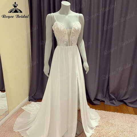 NumberSea Sexy Tiefer Split Side Tiefem V-Ausschnitt Spitze Boheme Boho Chic Hochzeitskleid 2024 Chiffon Spaghettiträger Strand Brautkleid Robe 