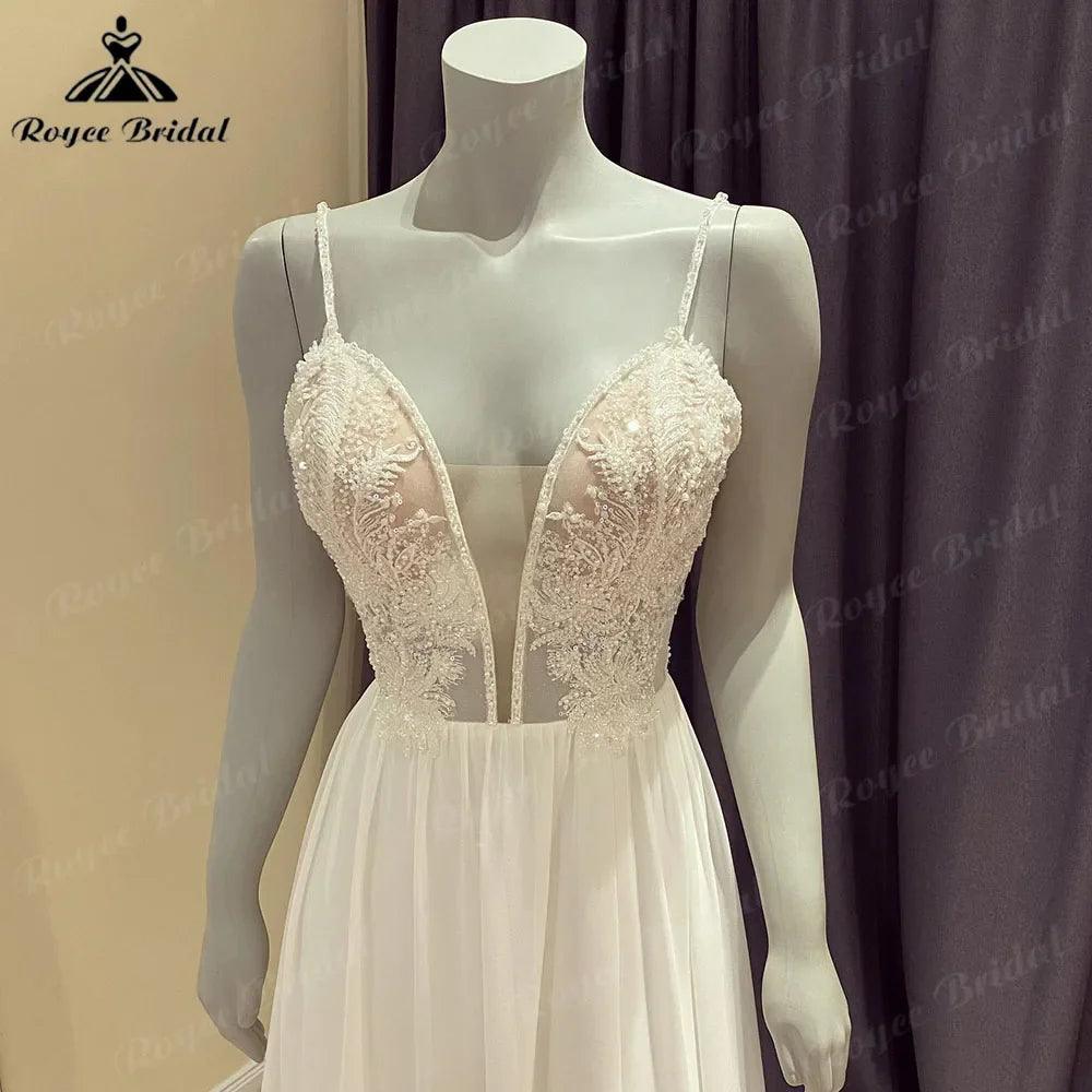 NumberSea Sexy Plunging Split Side Deep V Neck Lace Boheme Boho Chic Wedding Dress 2024 Chiffon Spaghetti Straps Beach Bridal Gown Robe