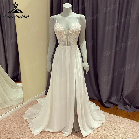NumberSea Sexy Tiefer Split Side Tiefem V-Ausschnitt Spitze Boheme Boho Chic Hochzeitskleid 2024 Chiffon Spaghettiträger Strand Brautkleid Robe 