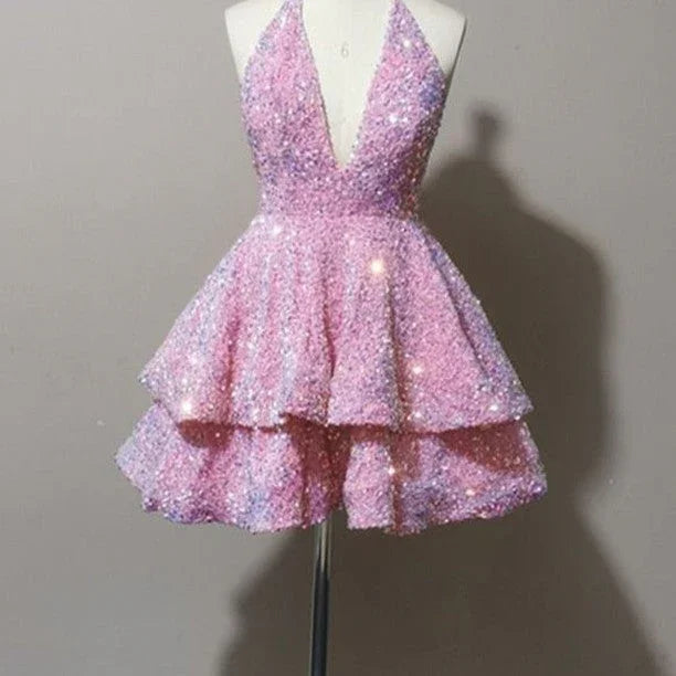 Sexy Kurzes Rosa V-Ausschnitt Ärmelloses Pailletten-Homecoming-Kleid