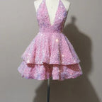 Sexy Kurzes Rosa V-Ausschnitt Ärmelloses Pailletten-Homecoming-Kleid