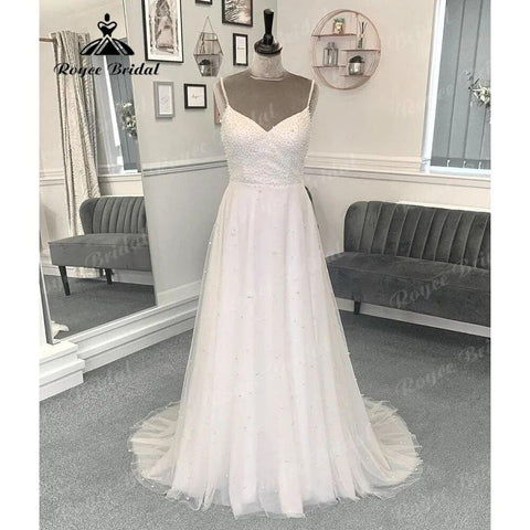Sexy Spaghetti-Trägern Backless V-Ausschnitt Perlen Brautkleid Frauen 2024 Robe Mariee Empfangskleid für die Braut Vestidos de Novia 