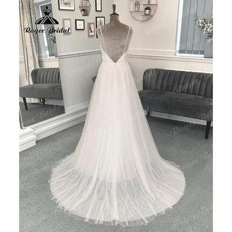 Sexy Spaghetti-Trägern Backless V-Ausschnitt Perlen Brautkleid Frauen 2024 Robe Mariee Empfangskleid für die Braut Vestidos de Novia 