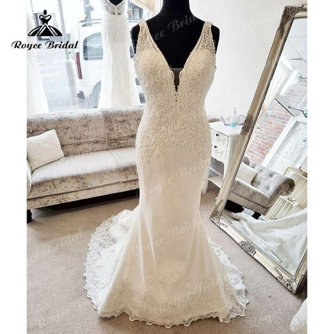 NumberSea Sexy V-Ausschnitt Cut-out Spitzenapplikationen Ärmelloses Meerjungfrau/Trompeten-Brautkleid 2025 Robe Braut Strand Brautkleider für Frauen 